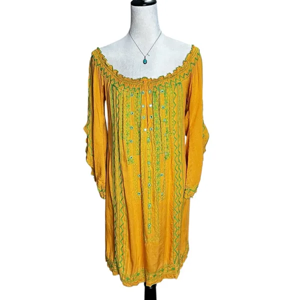 Poupette St. Barth Yellow Embroidered Off Shoulder‎ Smocked Resort Mini Dress - Image 2