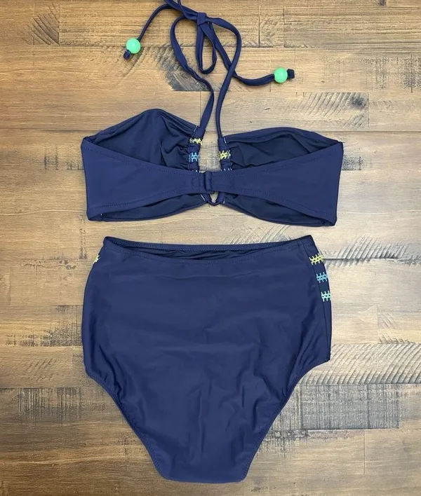 Aerie Two Piece Swimsuit Blue Embroidered Full Coverage High Waist Bottom M/L - Image 5