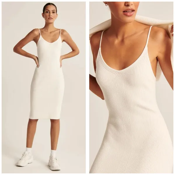Abercrombie & Fitch Slip Midi Sweater Dress Size XL V-Neck Spaghetti Strap White - Image 2