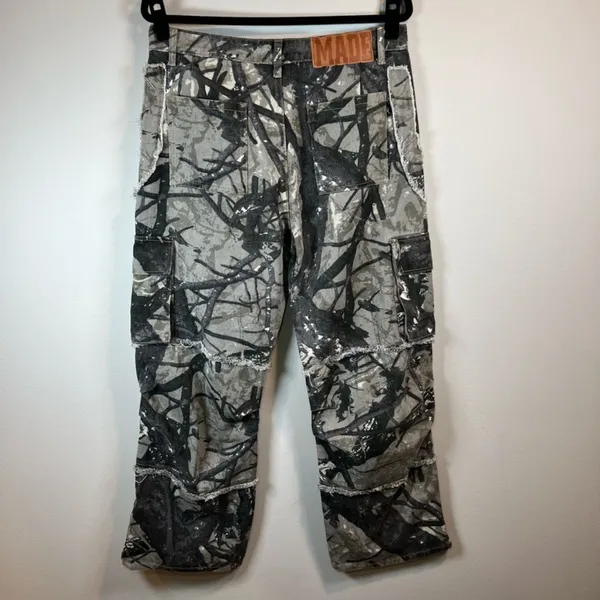 Made Extreme Jungle Camo Cargo Jeans Gray Green Loose Straight Streetwear 33x30" - Image 11