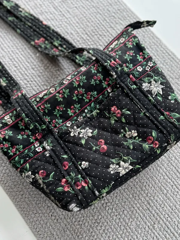 Vintage Handmade Quilted Sewing Bag Black Cherry Print - Image 2