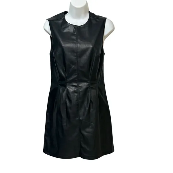 Abercrombie & Fitch Black Faux Leather Sleeveless Mini Dress XS Crew Neck Zip - Image 2