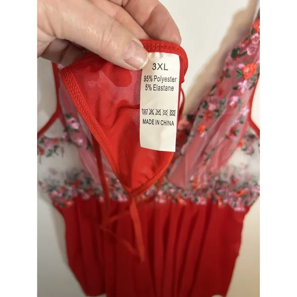 Women’s 3XL Red Floral Embroidered Sheer Mesh Babydoll Lingerie & Matching Thong - Image 5