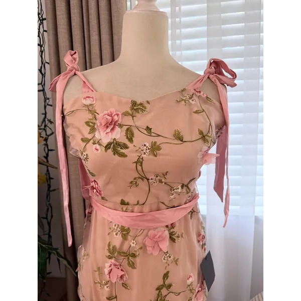 Lulus Authentic Sweetness Pink Floral Applique Tie-Strap Midi Dress - Image 5