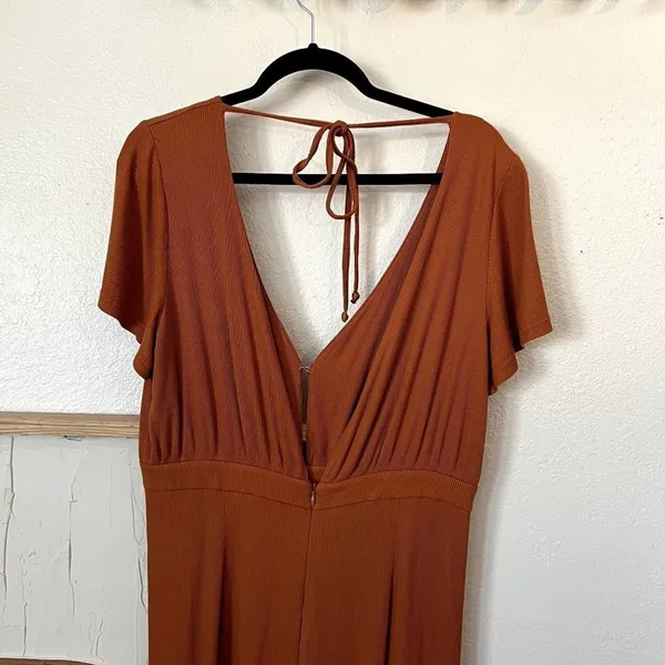 MINKPINK Allison + UO Orange Allison Wide Leg Ribbed Deep Plunge Backless Jumpsuit Medium - Image 10