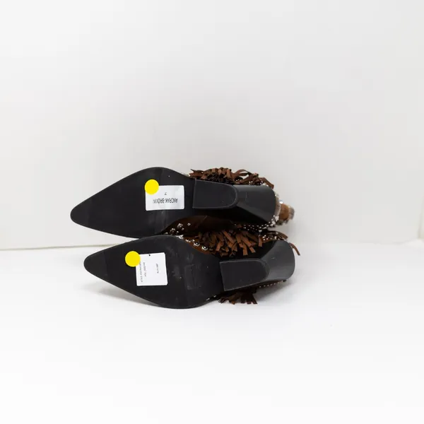 NEW Azalea Wang Anorak Faux Vegan Suede Fringe Embellished Western Booties Brown - Image 4