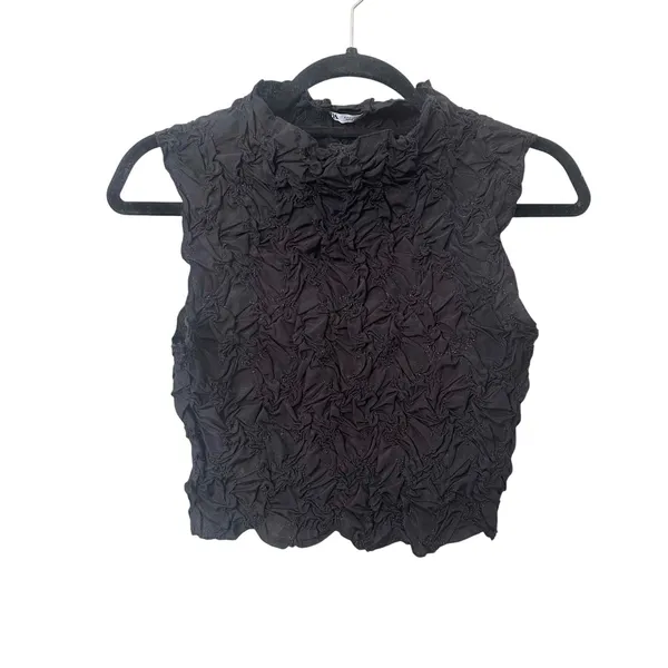 ZARA‎ Ruched High Neck Crop Top Black Small - Image 2