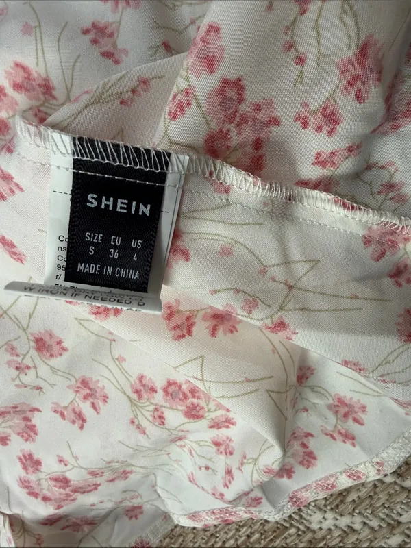 SHEIN White Floral Halter Smocked Tiered Sundress with Pink Blooms - Image 2