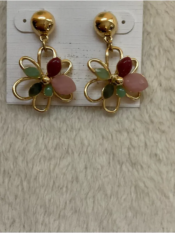 Talbots Gold Floral Dangle Earrings with Pink and Green Stones - Image 3