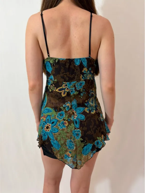 Y2K Floral Gold Embellished Brown and Blue Fairy Cami Tank Top - Image 2