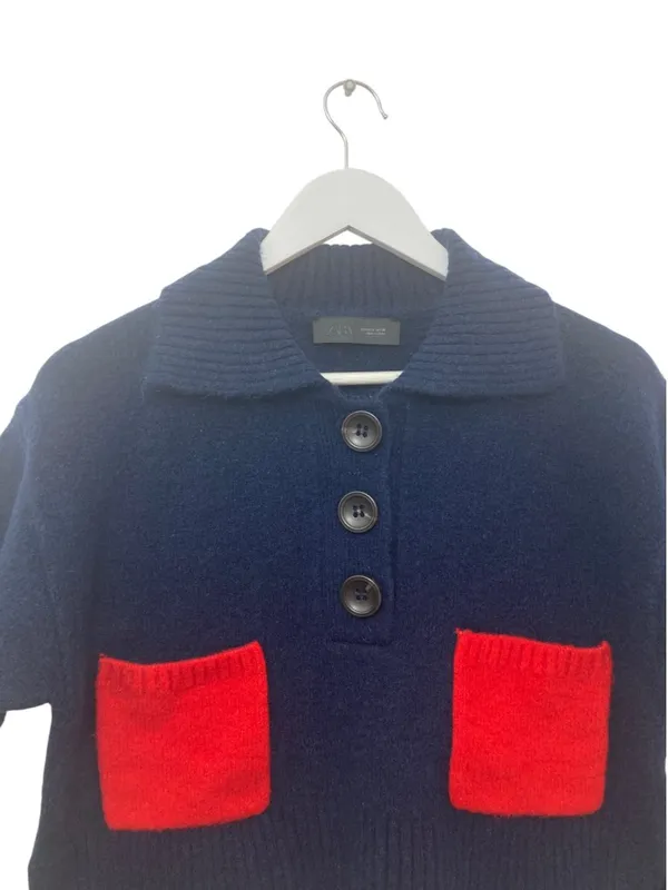ZARA Navy Blue Cropped Knit Sweater Size S Wool Blend Soft Boxy Pullover - Image 5
