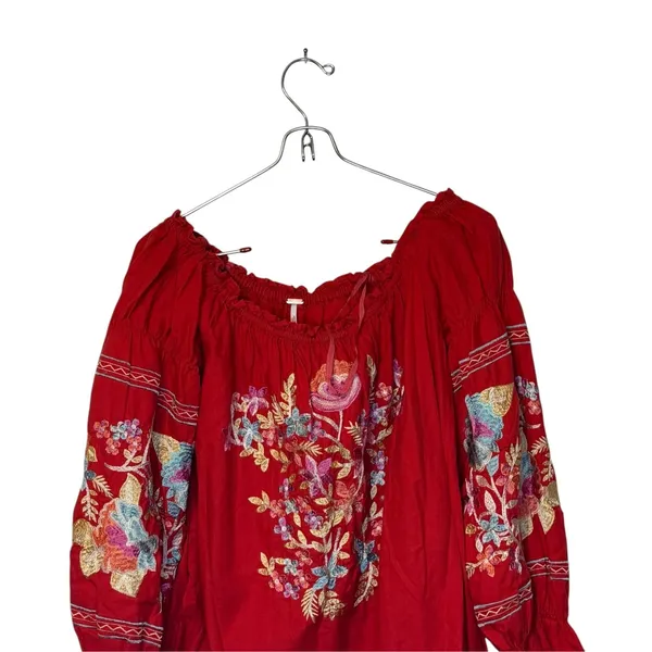 Free People Womens Dress Fleur Du Jour Embroidered Mini Off Shoulder Red Small - Image 2