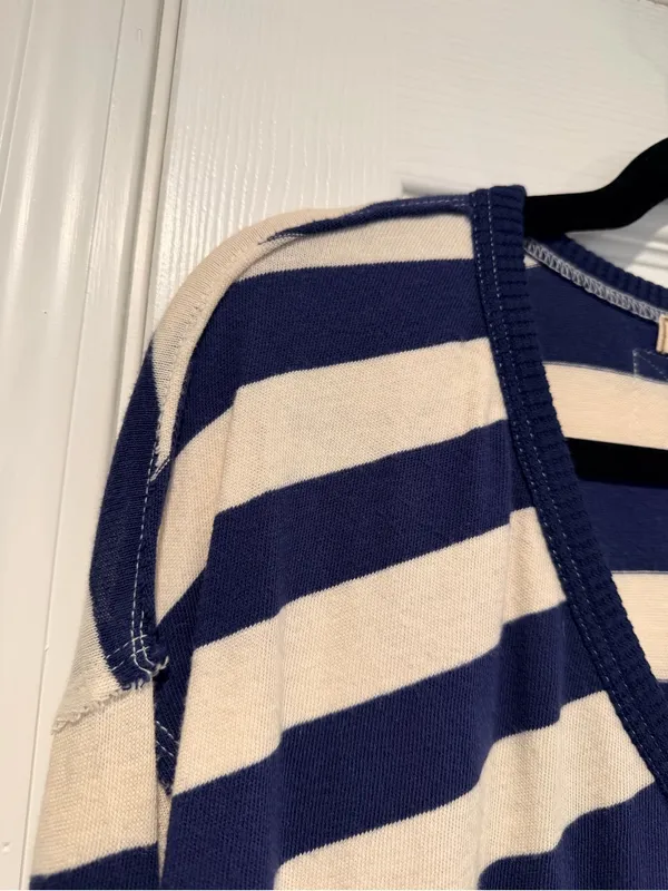 NWOT Free People We The Free Size L Blue Cream Striped Thermal Knit V Neck Top - Image 3