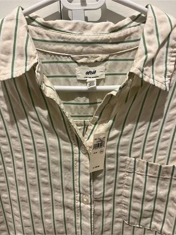 aerie Cream and Green Vertical Stripe Button-Down sleep Shirt NWT - Image 5