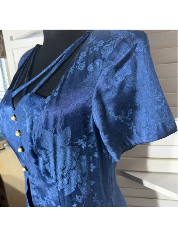 Vintage 80s 90s dress goth Victorian style navy floral texture sweetheart 9 10 - Image 5