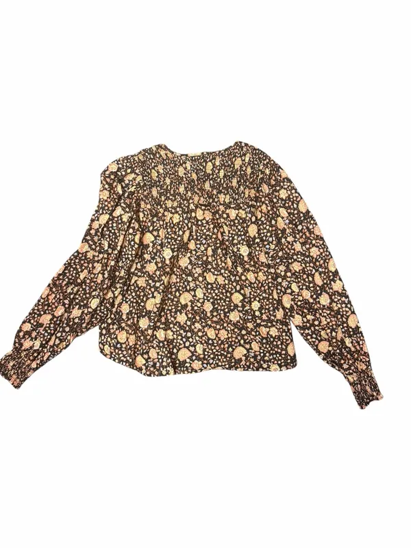 Billabong Desert Daze Floral Peasant Blouse Brown Smocked Long Sleeve Top Medium - Image 10