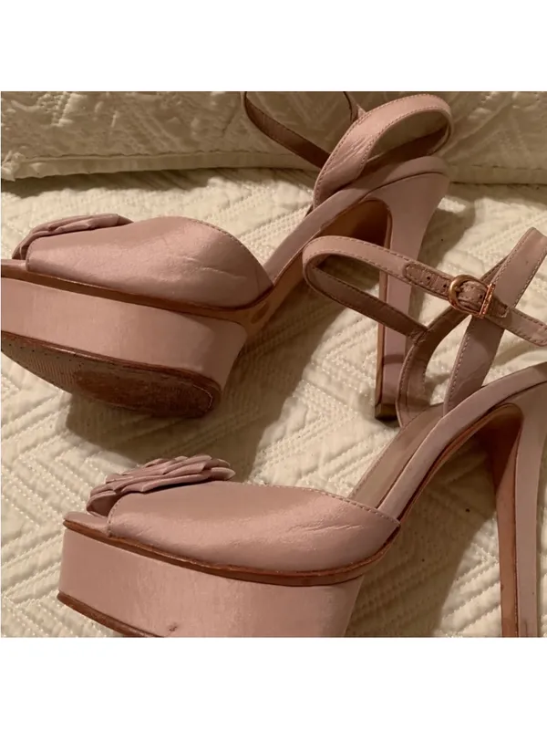 Vince Camuto Nude Pink Peep-Toe Platform Heels with Rose Floral Accent - Image 3