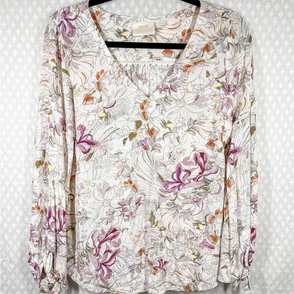 Anthropologie Maeve White Pink‎ Floral Pernille Tie Sleeve Top - Image 2