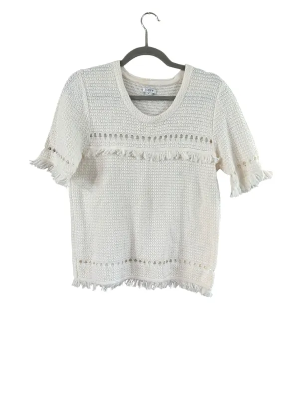 Women's J.Crew White Crew Neck Fringe Knit Sweater Size M - Image 2