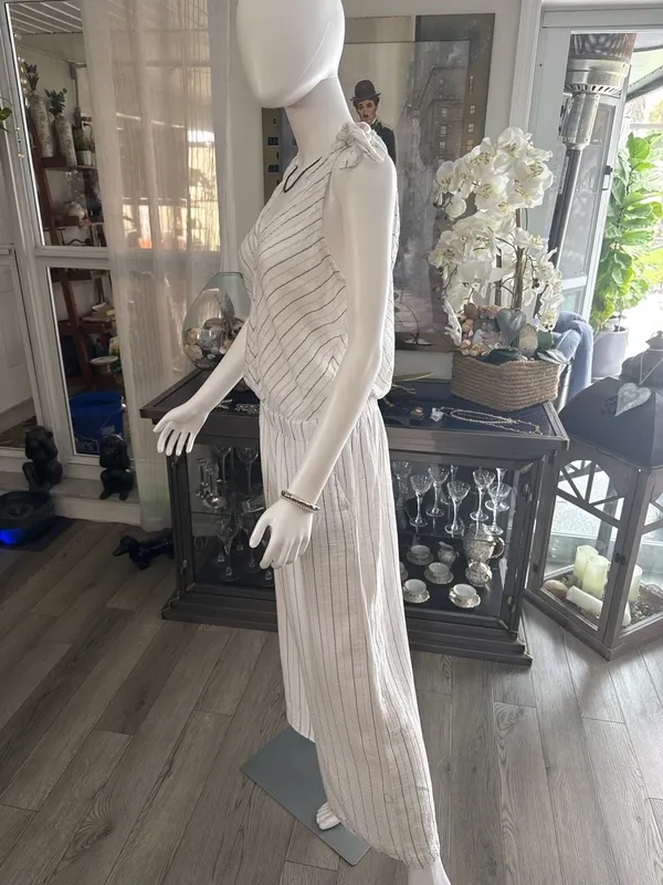 4OUR DREAMERS White Pinstripe Linen-Blend Tie-Shoulder Jumpsuit - Image 5