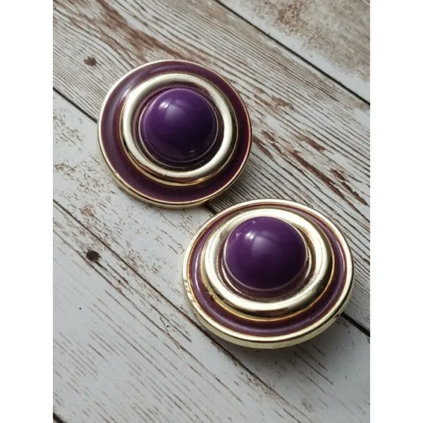 Vintage Clip On Earrings Purple & Gold Tone Layered Circle Statement - Image 2