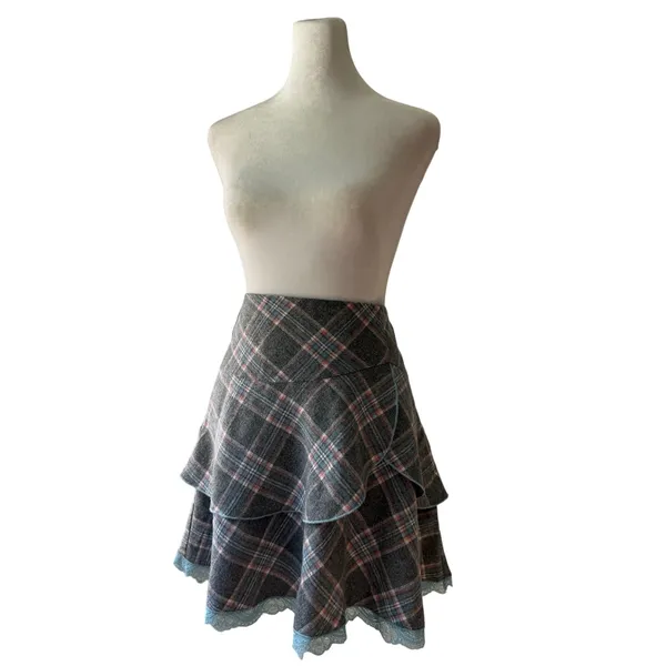Freebird Gray & Blue Plaid Tiered Lace Hem Mini Skirt - Image 2