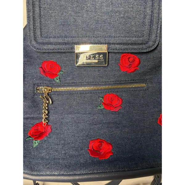 GUESS Blue Denim Backpack Bag Roses Casual Boho - Image 2