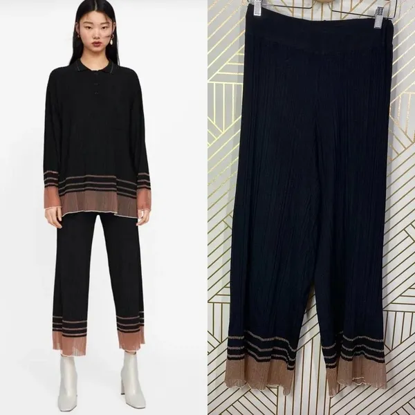 Zara‎ Pants Textured Weave with Contrasting Hem Ribbed Black Mauve Size Medium - Image 2