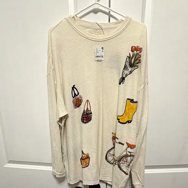 We The Free Ivory Embroidered Knit Long Sleeve Crew Neck Pullover Top Size M - Image 2