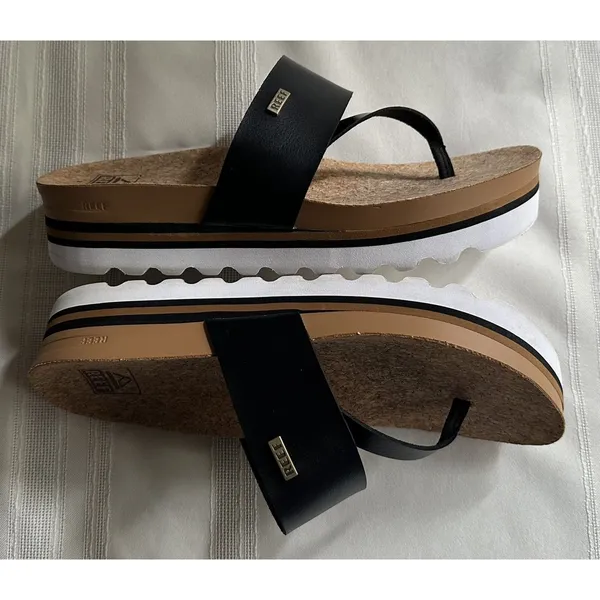 REEF Cushion Sol Hi Platform Flip Flop Sandals Black Tan Womens 9 Cork Wedge EUC - Image 7