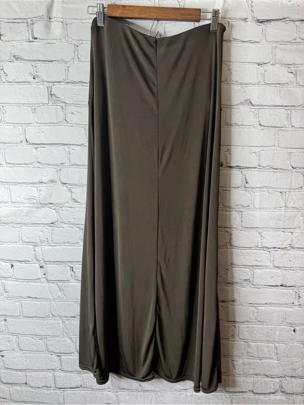 Free people dark green olive Drawstring Waist Maxi Skirt slinky ruched medium - Image 5