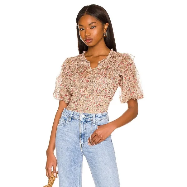 Free People Beatrice Floral Print Brown Lace Up Puff Sleeve Blouse Top Size S - Image 12