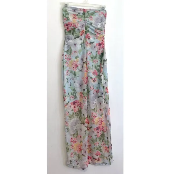 HAUTE MONDE Light Blue Pink Floral Semi Sheer Mesh Strapless Midi Dress ? w Slit - Image 3