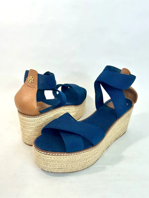 Tory Burch Frieda Espadrille Wedge Sandals in Navy Blue and Tan size 9 - Image 5