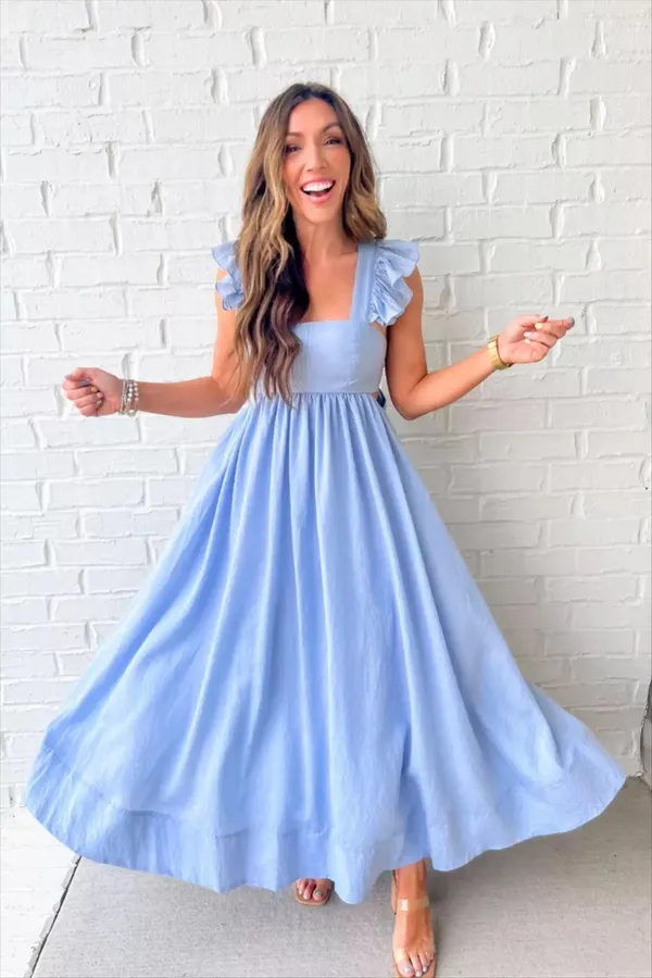 Mable Powder Blue Ruffle Flutter Sleeve Square Neck Tie Back Cut-Out Maxi Dress - Image 10