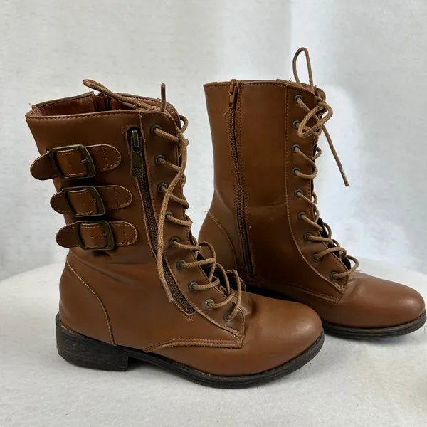 Rouge Helium Brown Lace Up Combat Ankle Boots Side Zip‎ Buckle Detail Womens 6.5 Grunge - Image 3