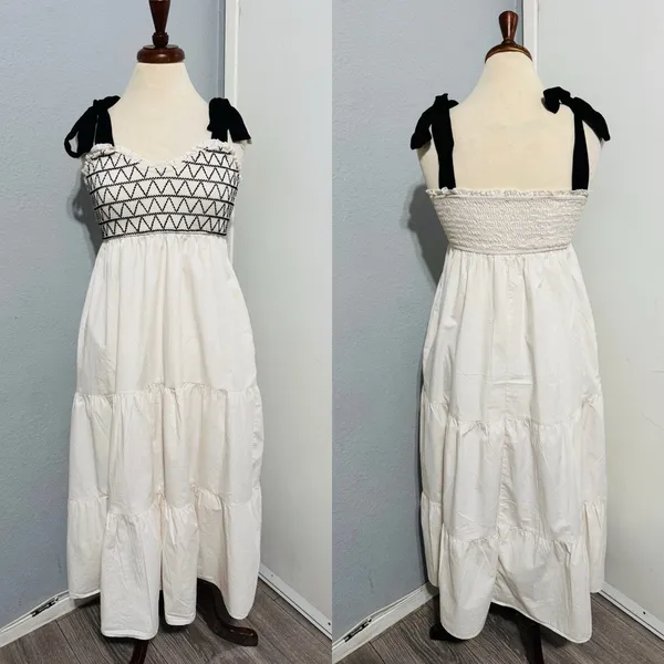 Women Ivory Smocked‎ Tiered Tie Straps Maxi Peasant Dress Size L 100% Cotton - Image 3