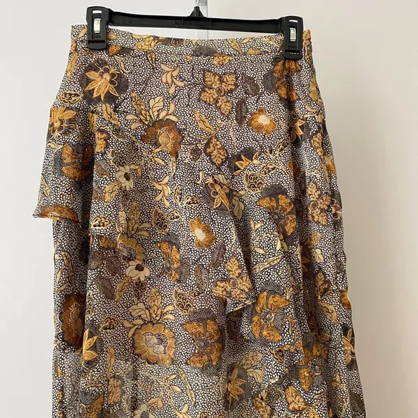 Dress Forum S Brown Floral Maxi Skirt Ruffle High Low Metallic Lurex Boho FS9947 - Image 2