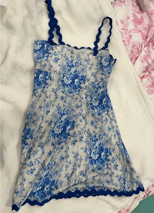 ASOS Blue and white floral mini dress with scalloped trim and blue straps - Image 3