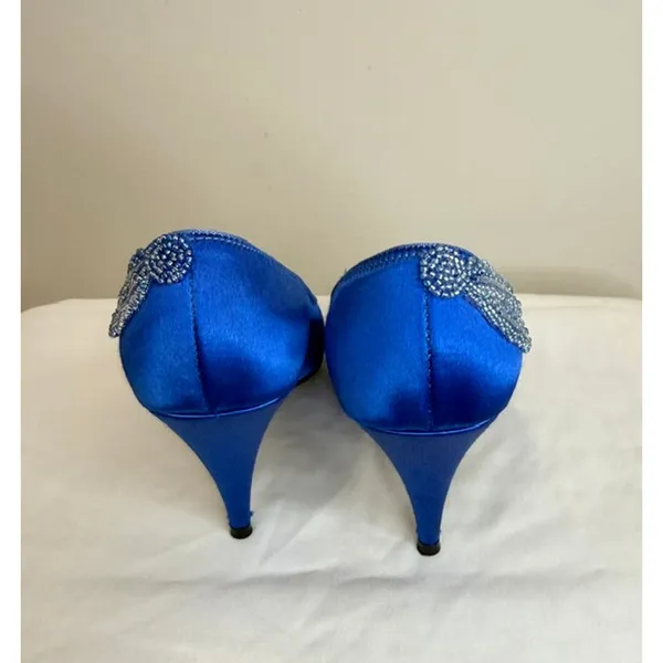 Vintage Nouveau 90s Royal Blue Satin Beaded Pumps Sz 7 - Image 4