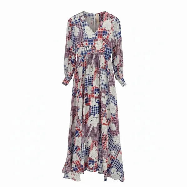 Gregg Draddy Vintage Maxi Dress Patchwork Floral Gingham Red‎ White Blue Small - Image 3