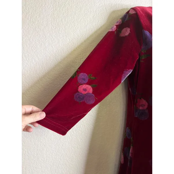 Los Angeles Gal Womens M Maxi Dress‎ Burgundy Velvet Floral 3/4 Sleeve Vintage - Image 6