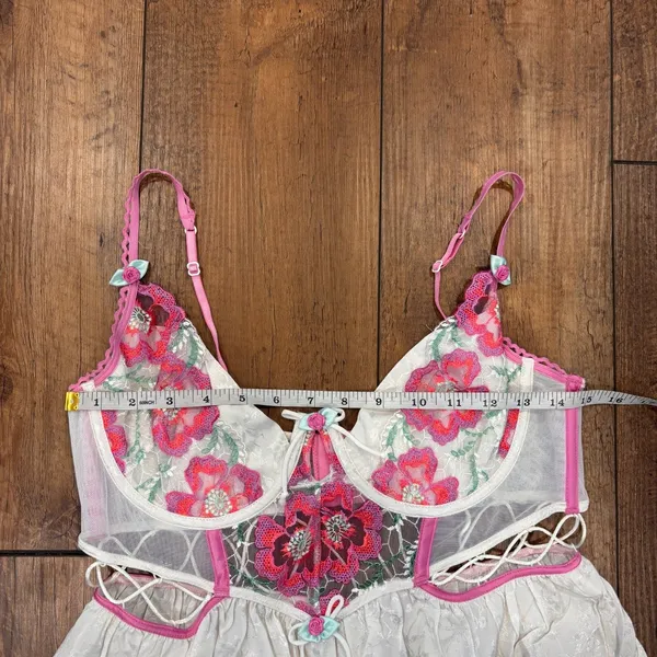 For Love & Lemons Festival Lingerie Floral Mini Slip Dress Sz Large Satin Ivory - Image 7