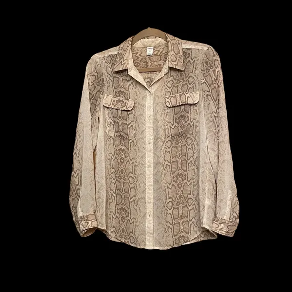 Old Navy Beige Tan Brown Snakeskin Sheer Button Down Long Sleeve Blouse Sz S/P - Image 2