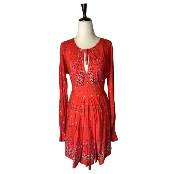 Free People Red Coryn Coral Polka Dot Long Sleeve Fit And Flare Dress Size‎ 0 - Image 3