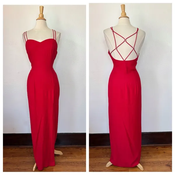 Vintage Solid Red Sleeveless Full Length Strappy Rhinestone Formal Dress - Image 2