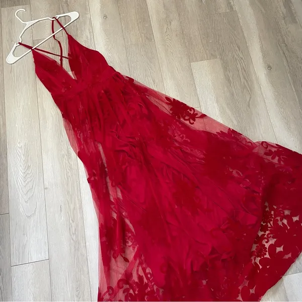 Applique Plunge Maxi Dress floral mesh slits womens Red (medium) formal party - Image 2