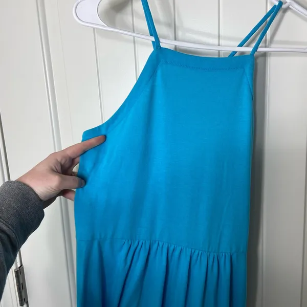 LOFT Lou & Grey women’s bright blue high neck crossed strap midi stretch dress‎ - Image 2