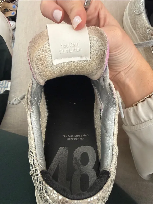 P448 Women’s Silver Metallic Lace-Up Sneakers with Iridescent Tongue - Image 5