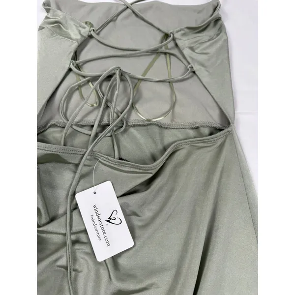 Windsor Sage Green Ruched Lace Up Back Asymmetrical Mini Dress XS - Image 5